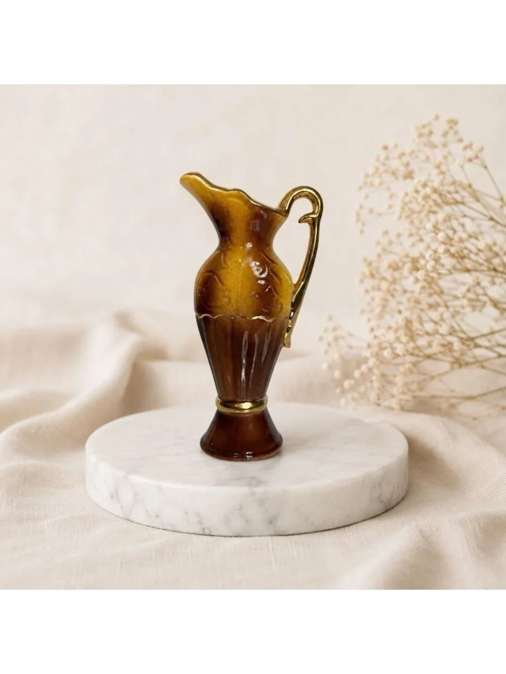 Vintage Mini Bud Vase 23K Gold Ceramic Ewer Pitcher Brown Amber Floral